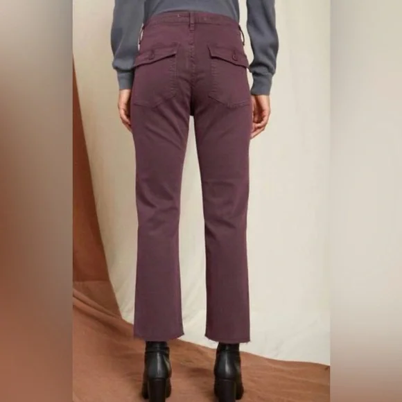 AMO Easy Army Trouser Pants Size 25 Burgundy High Rise Utility Crop Raw Hem - Picture 2 of 10